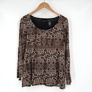 Axcess Y2K Brown Paisley Long Sheer Sleeve Blouse Top Women's Sz L